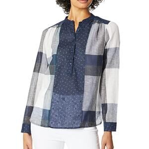 Lucky Brand Blue Plaid linen Shirt Womens XS peasant cottagecore prairie‎ boho